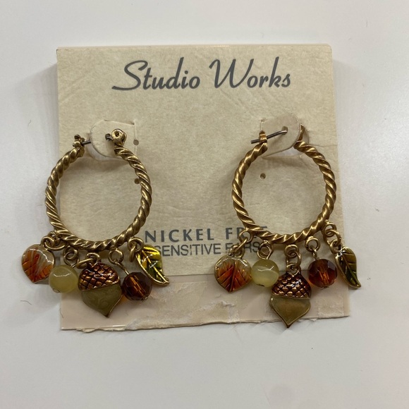 Studio Works Gold Tone and Orange Fall Leaves Hoop Earrings Nickel Free - Picture 1 of 5